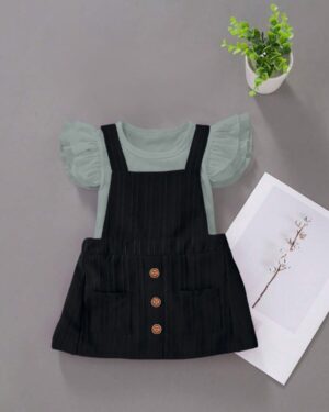 Kids Girls Mint Ruffle Sleeve Ribbed Top with Black Pinafore Skirt
