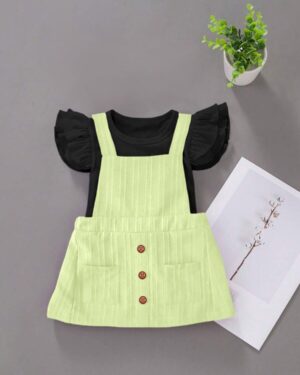Kids Girls Mint Ruffle Sleeve Ribbed Top with Black Pinafore Skirt
