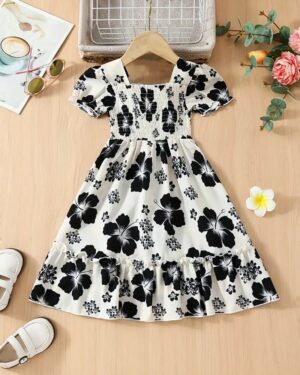 Girls’ Black & White Floral Print Frock Dress