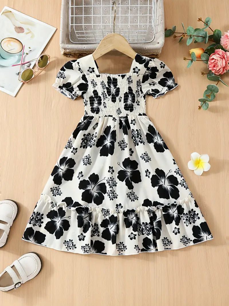 Girls’ Black & White Floral Print Frock Dress