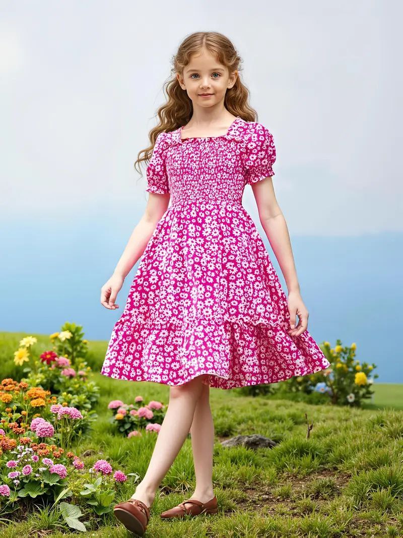 Stylish Girls Floral Puff Sleeve Midi Frock with Smocked Bodice