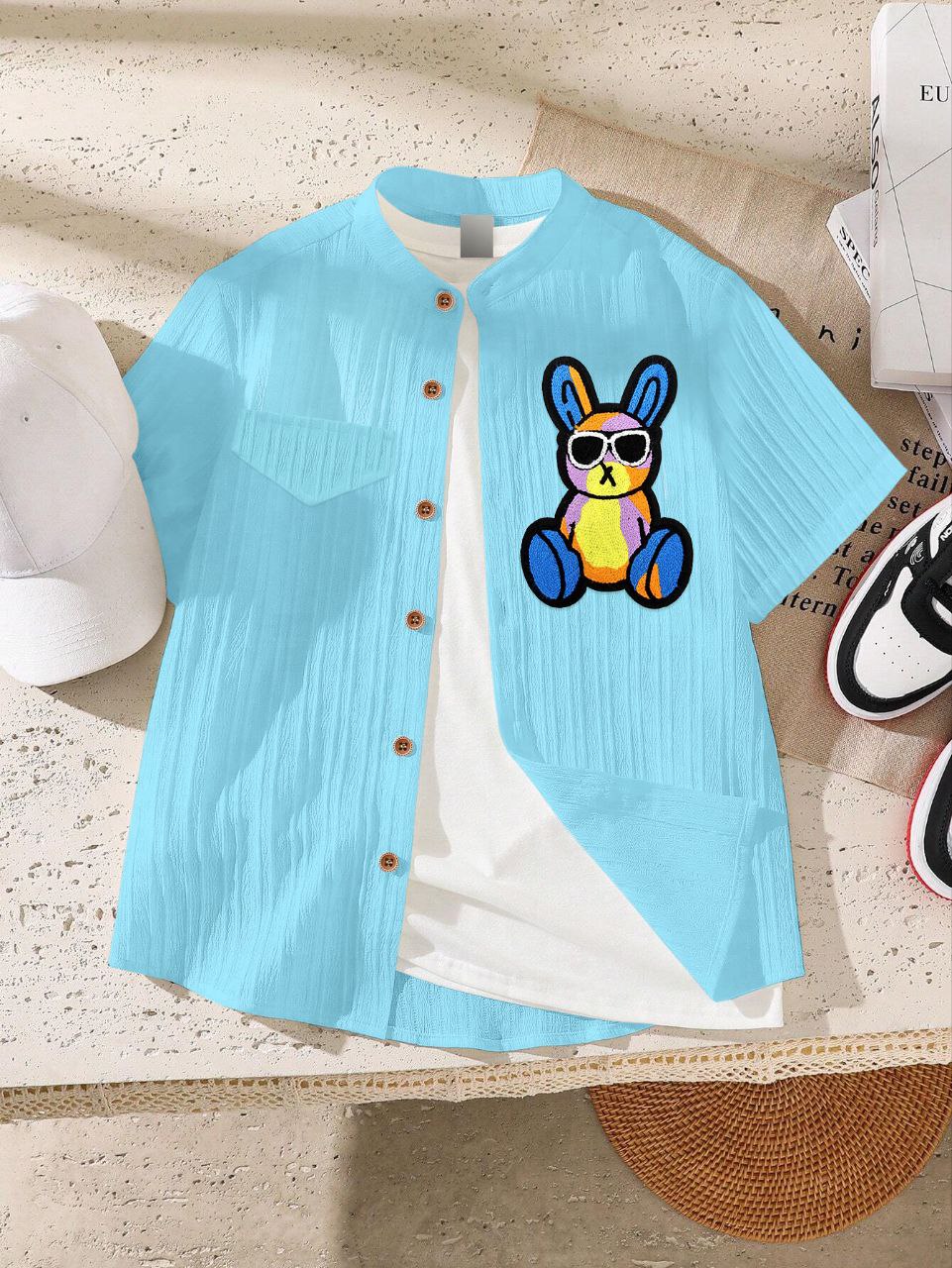 Kids Boys Black Half Sleeve Cotton Shirt with Colorful Bunny Patch